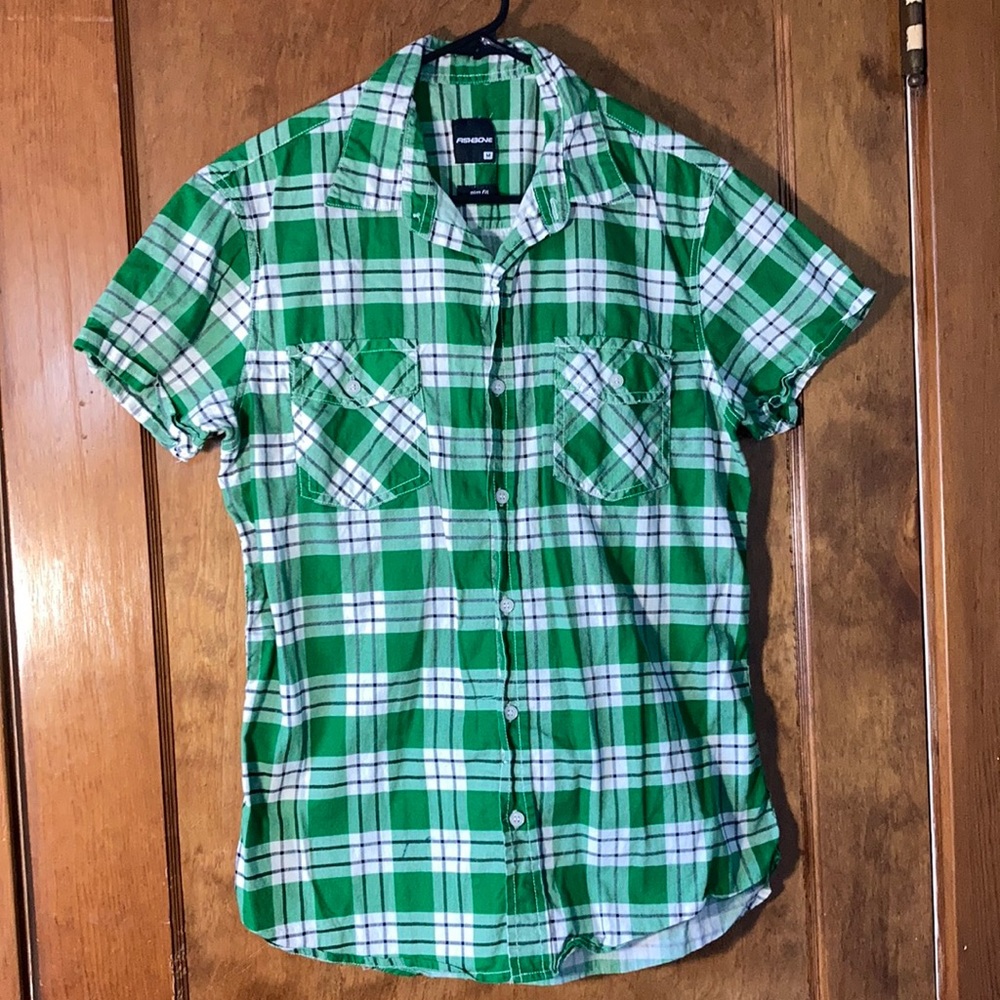 Fishbone slim fit plaid collared shirt